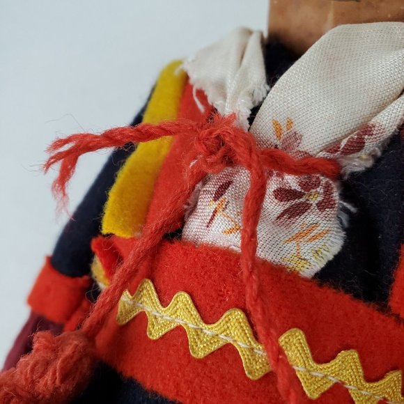 Vintage Handmade Composition 12" Doll Ethnic Woman Blue Red Dress Bonnet Cloth - Picture 5 of 10